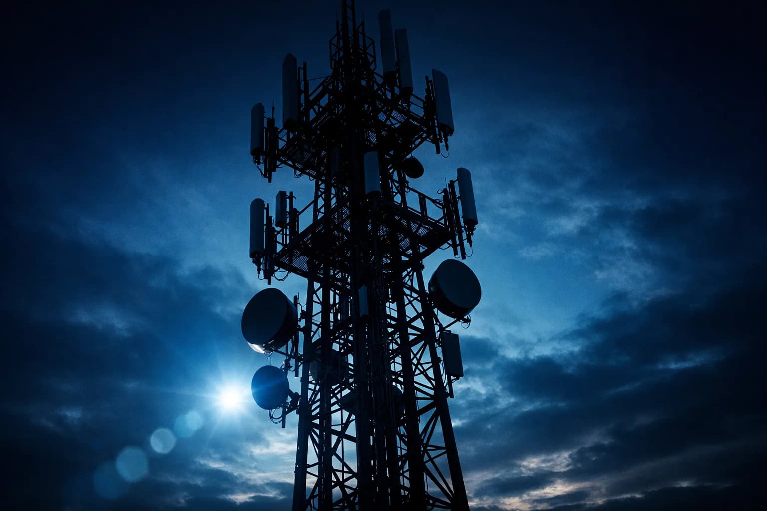 Pylône télécom multi-opérateurs au crépuscule